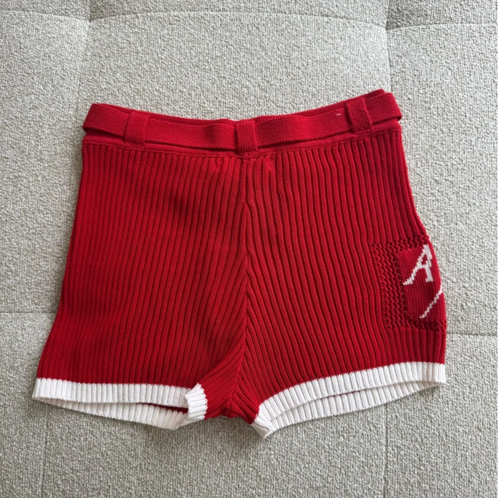 NWT Asta Resort Francie Belted Knit Shorts Red White Trim Size M